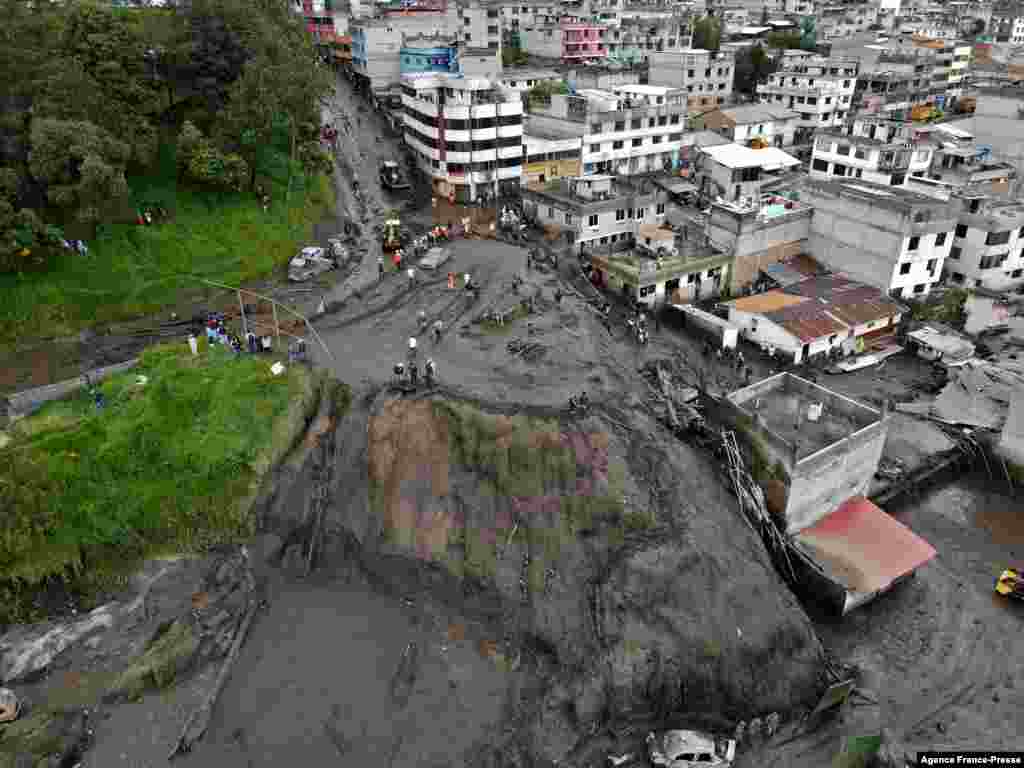 Aerial view of mud after a flood in La Gasca neighborhood, northern Quito. The heaviest flooding to hit Ecuador in two decades has killed at least 18 people in Quito, washing away cars, damaging homes and sweeping away volleyball players and spectators on a sports field, officials said.