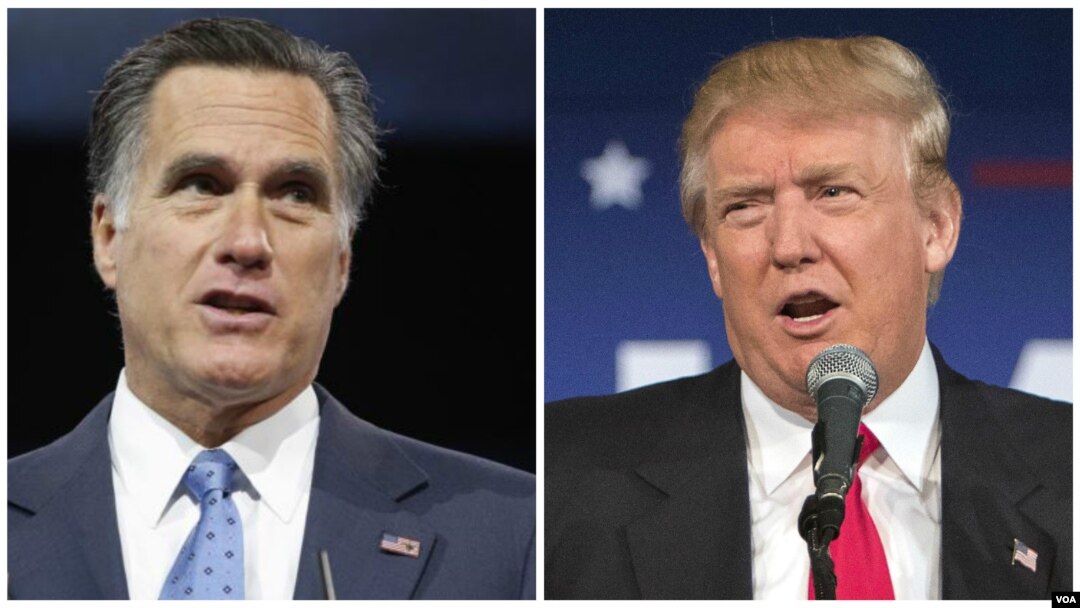 FILE - From left, former Republican presidential nominee Mitt Romney and President-elect Donald Trump.