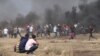 Crowds cheer as young men pull down the fence on this section of the Gaza/Israel border and rush across, May 14, 2018. 