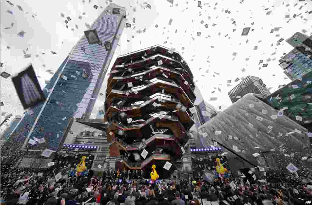Confetti is showered during celebrations for the opening of New York’s newest neighborhood, Hudson Yards.