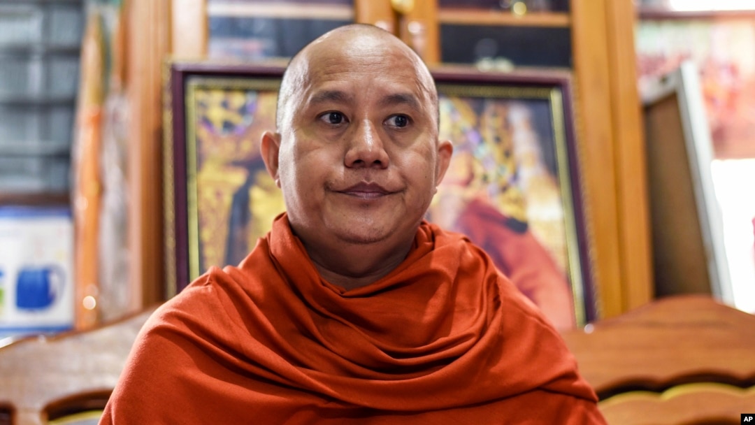 FILE - Wirathu, a high-profile leader of the Myanmar Buddhist organization known as Ma Ba Tha, is interviewed at his monastery in Mandalay, Myanmar, Nov. 12, 2016.