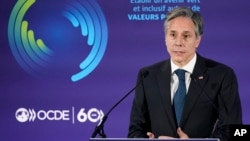 Secretary of State Antony Blinken speaks during a Blue Dot Network Discussion at the Organization for Economic Cooperation and Development's Ministerial Council Meeting, Oct. 5, 2021, in Paris. 