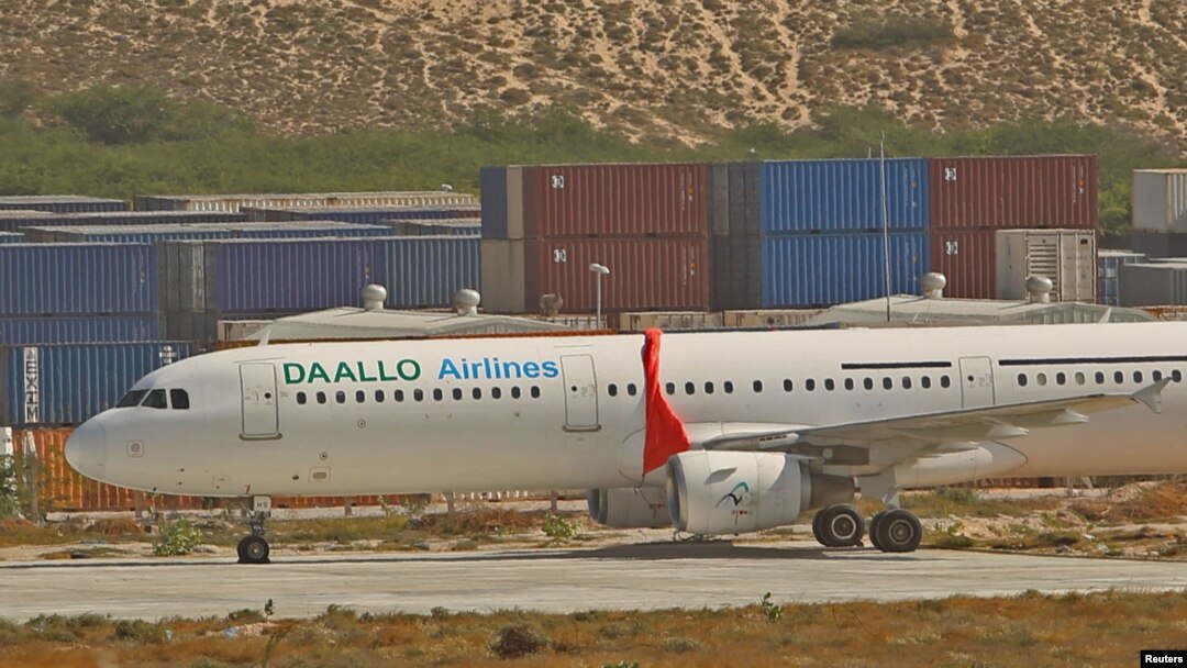 An aircraft belonging to Daallo Airlines is parked at the Aden Abdulle international airport after making an emergency landing following an explosion inside the plane in Somalia's capital Mogadishu, Feb. 3, 2016. 