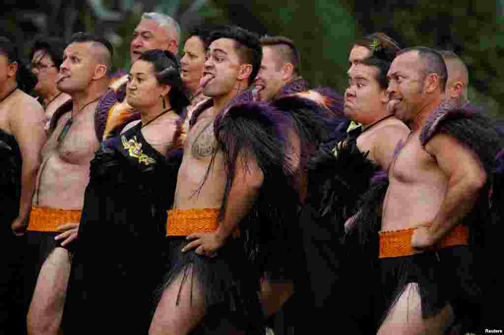 Maori warriors are seen during a welcome ceremony for Britain's Prince Harry and Meghan, Duchess of Sussex, at Government House in Wellington, New Zealand.