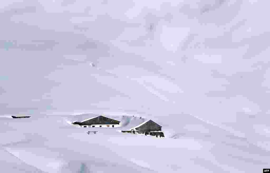 A farm is covered in snow on the Fellhorn mountain near Oberstdorf, southern Germany.